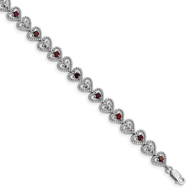 Curata 925 Sterling Silver Textured Polished Open back Lobster Claw Closure Garnet Diamond Bracelet