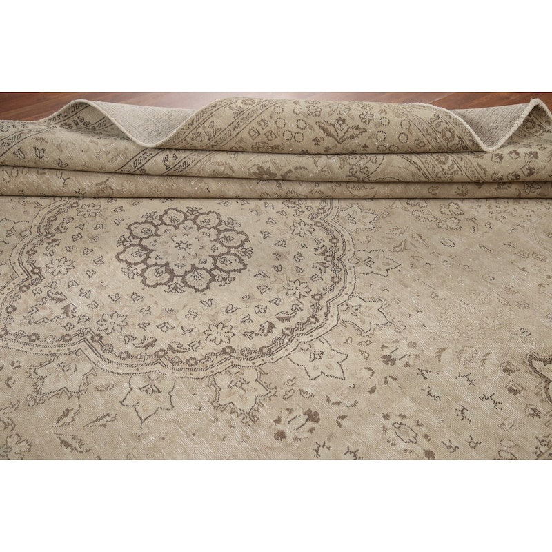 Hand Knotted Oriental 100% Wool Carpet Traditional Floral Beige & Ivories Tabriz Area Rug - 12' 4'' X 9' 10''