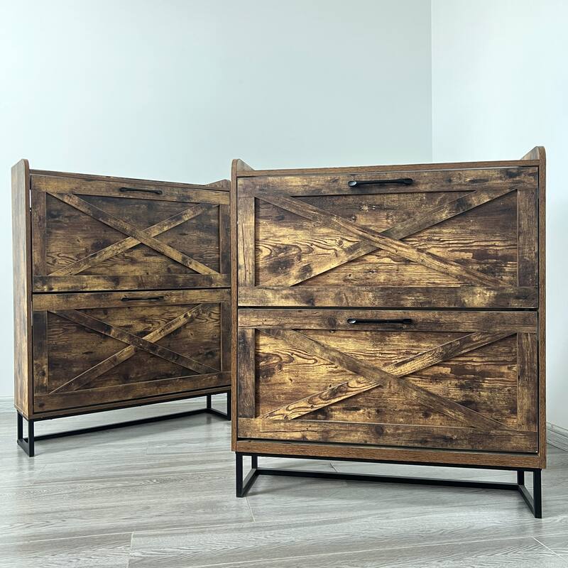 Narrow Shoe Storage Rack Cabinet with 2 Flip Drawers, Compact Storage for Entryway Mudroom Organizer with Adjustable Shelves