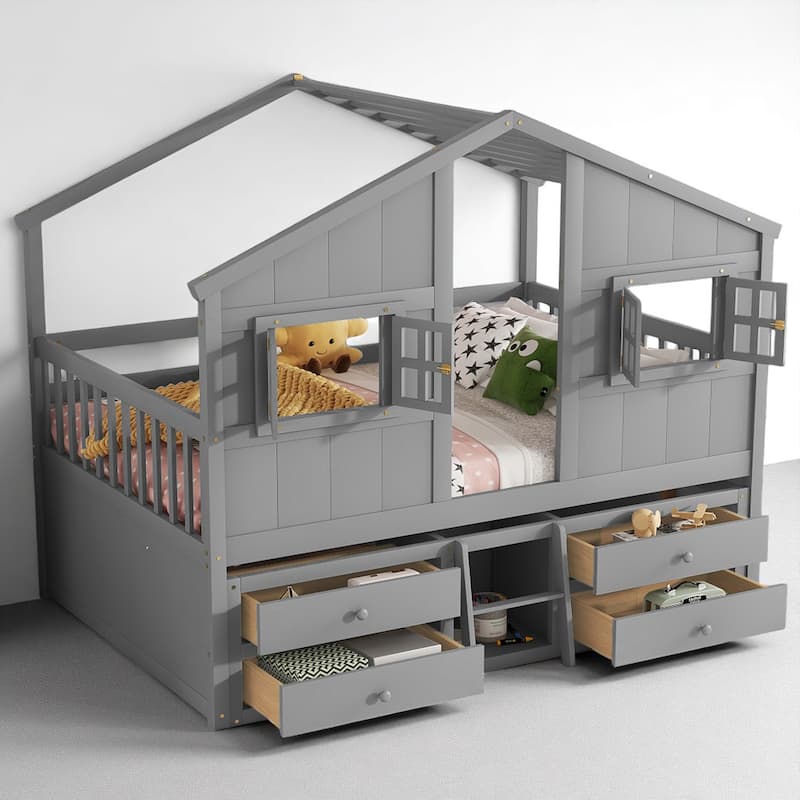 Full House-Themed Loft Bed with Ladder, Roof, Windows, Safety Rails and Storage Drawers for Kids - Grey - Full