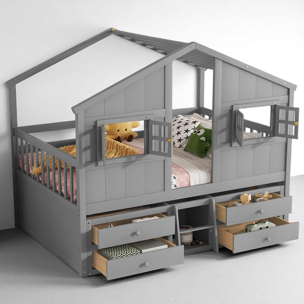 Full House-Themed Loft Bed with Ladder, Roof, Windows, Safety Rails and Storage Drawers for Kids