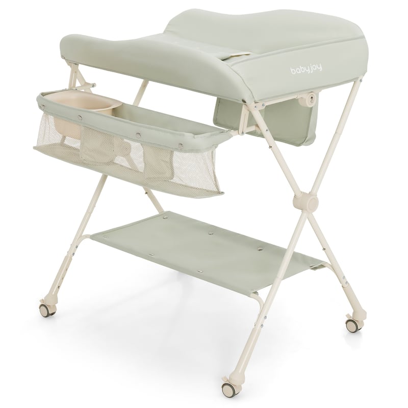 Baby Diaper Changing Table Folding Newborn Nursery Organizer W/Wheel - Green