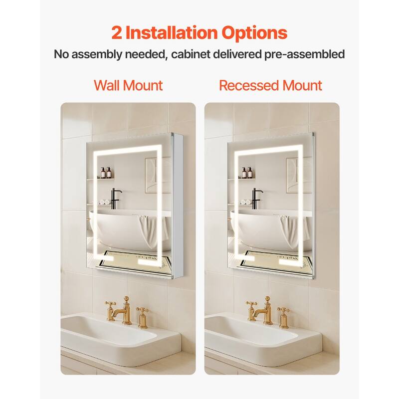 White LED Anti-Fog Bathroom Mirror Cabinet with Dimmable Lighting and Built-in Power Outlet - 24” x 4.9” x 29.9”