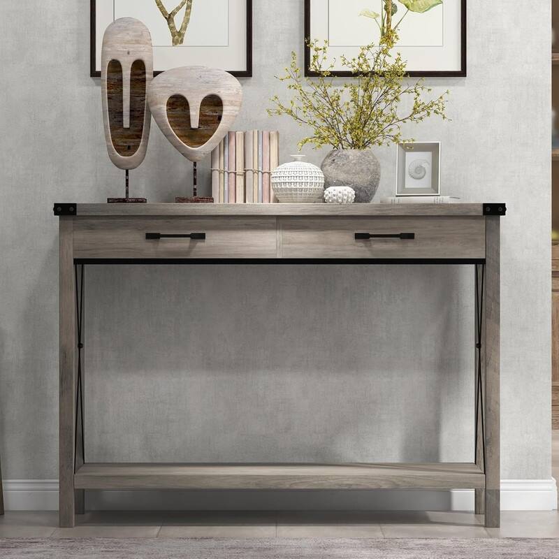Woode Entryway Table, Sofa Table with Storage,with 2 Drawers - Grey