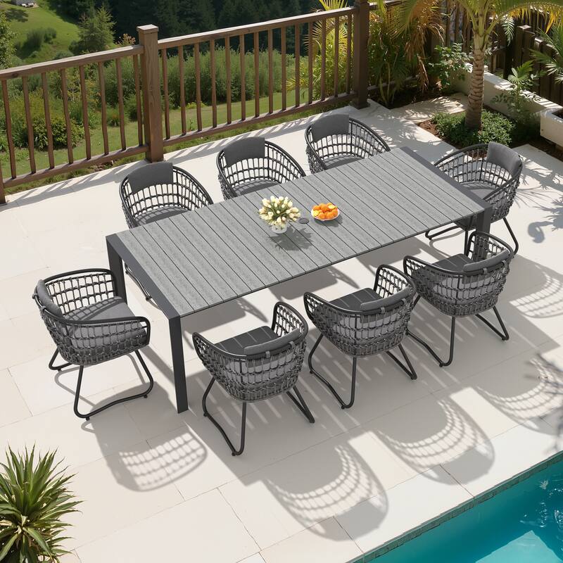 7/9-Piece Outdoor Patio Dining Set Aluminum Dining Table with Umbrella Hole and PE Rattan Chairs