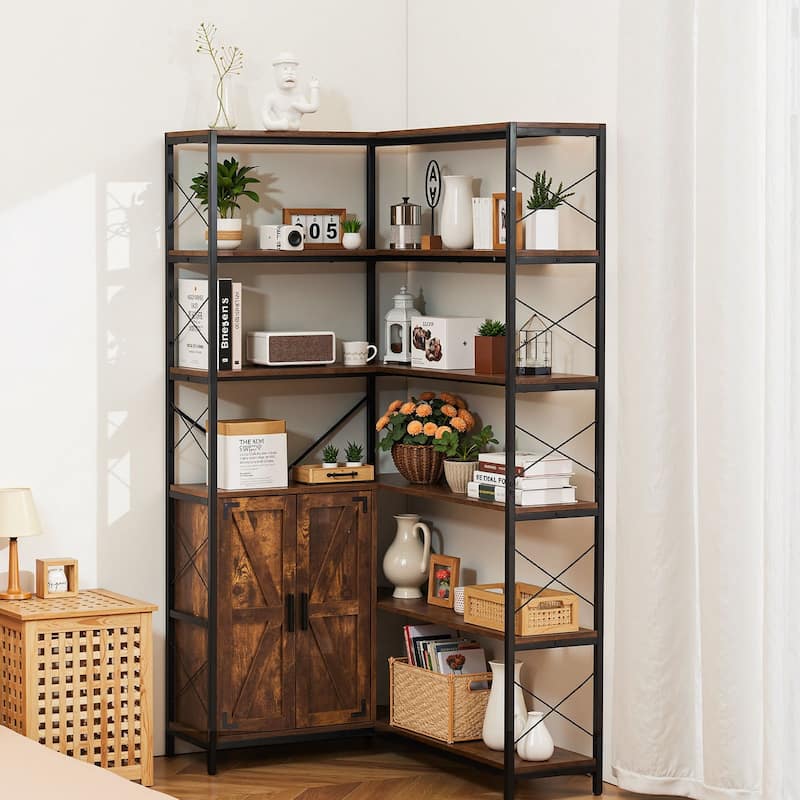 L-Shaped 6 Tier Corner Bookcase with Adjustable Shelves and Doors - 31.5 x 40.16 x 70.8 in