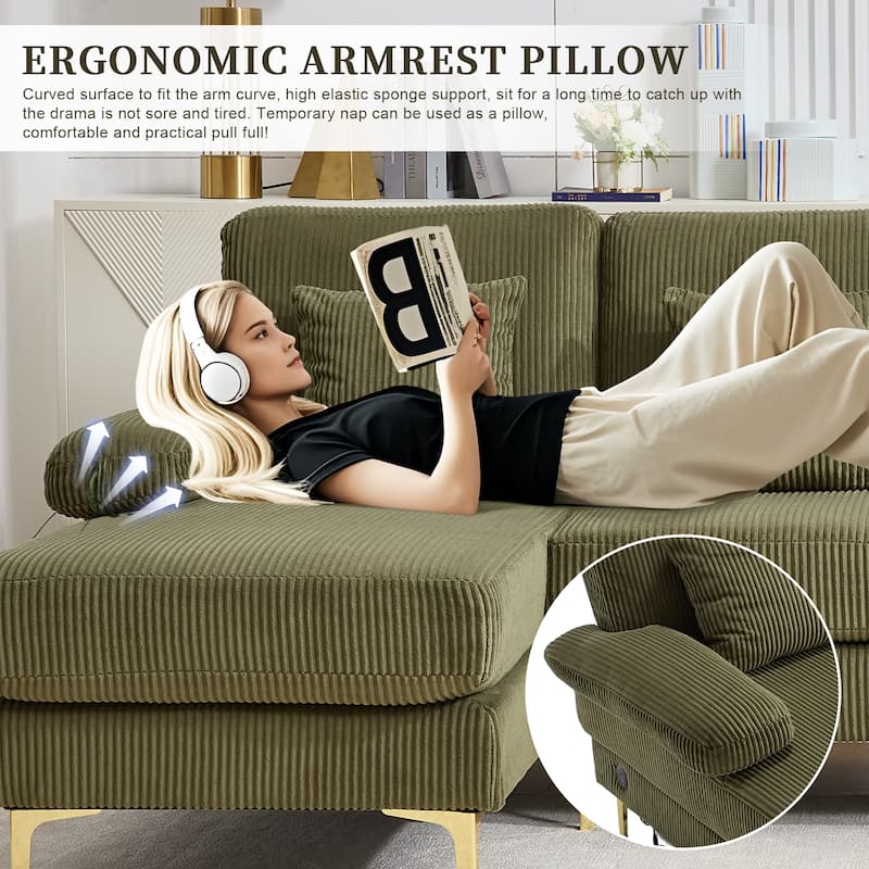 HOMEFUN Corduroy Upholstered U-shaped Adjustable Light Modular Sectional Sofa With Type-C and USB ports