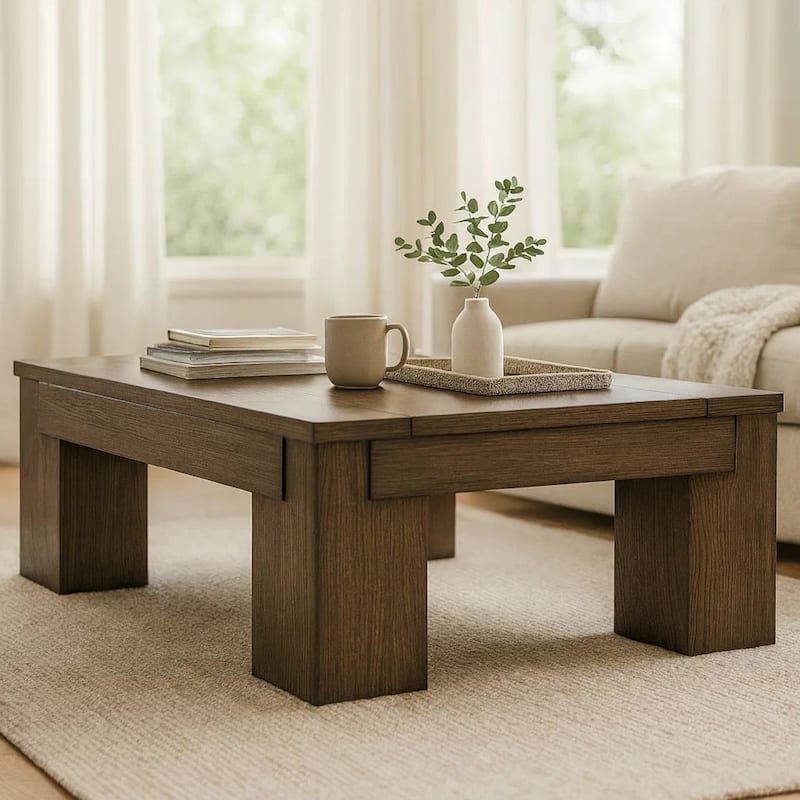 Wain Lift Top Cocktail Coffee Table, 54 Inch Rustic Brown Solid Wood