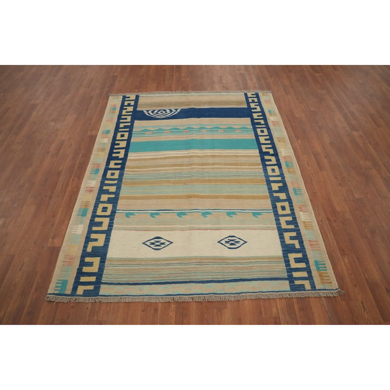 Hand Woven Oriental 100% Wool Carpet Southwestern Tribal Multi-Colored Kilim Area Rug - 6' 2'' X 4' 11''