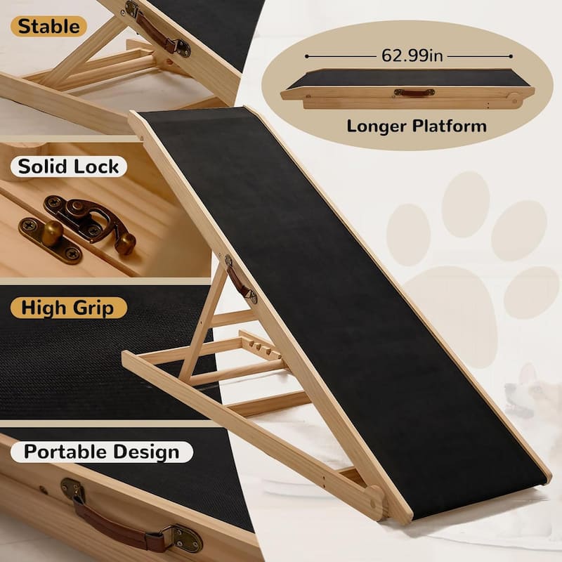 DoCred Folding Non-Slip Rubber Mat Wooden Dog Ramp For High Bed