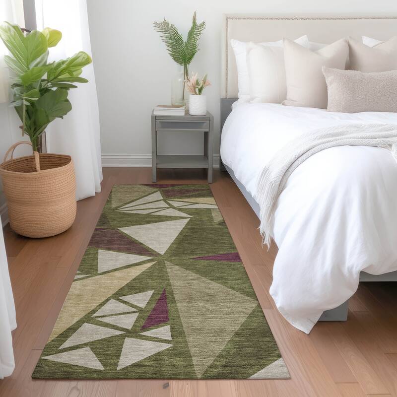 Machine Washable Indoor/ Outdoor Abstract Mosaic Chantille Rug - Olive - 2'3" x 7'6"