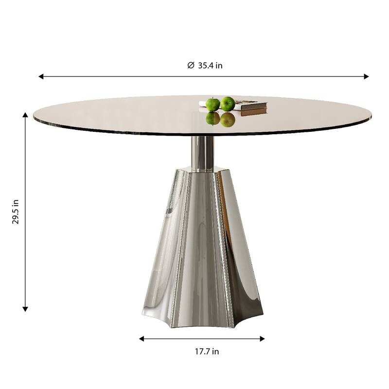 Compact Round Dining Table, Black Glass Top & Silver Flared Base