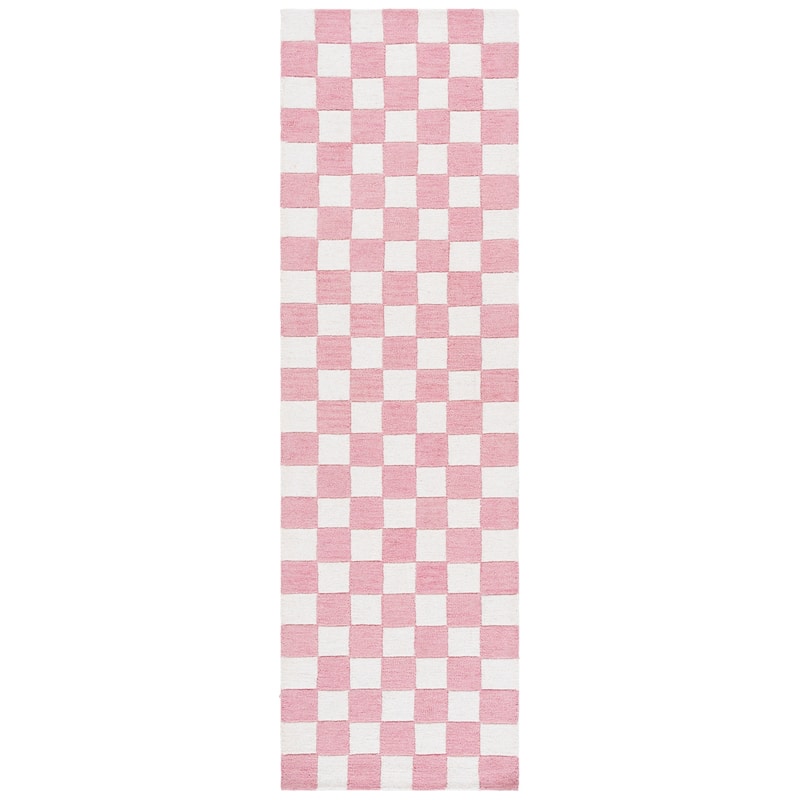 SAFAVIEH Handmade Ebony Gulnur Farmhouse Checkered Wool Rug - 2'3" x 8' Runner - Pink/Ivory