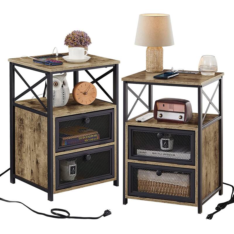 VECELO Modern End Table with 3-tier Storage Shelves, Nightstands with Charging Station(Nightstand Set of 2) - With USB Ports - Grey