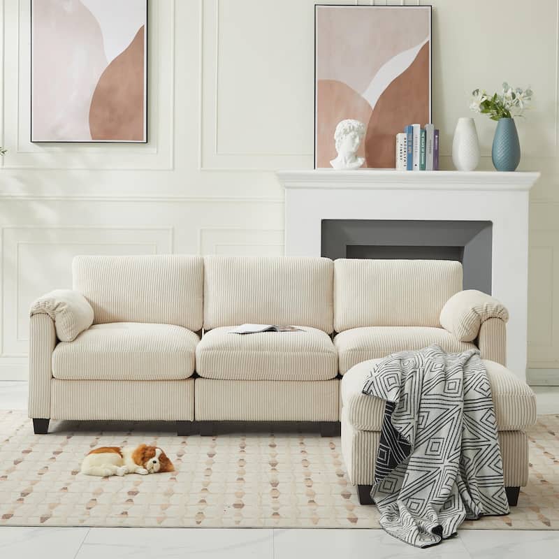 Corduroy Sectional Sofa with a Removable Ottoman, L-shaped Reversible 4-seat Modular Couch