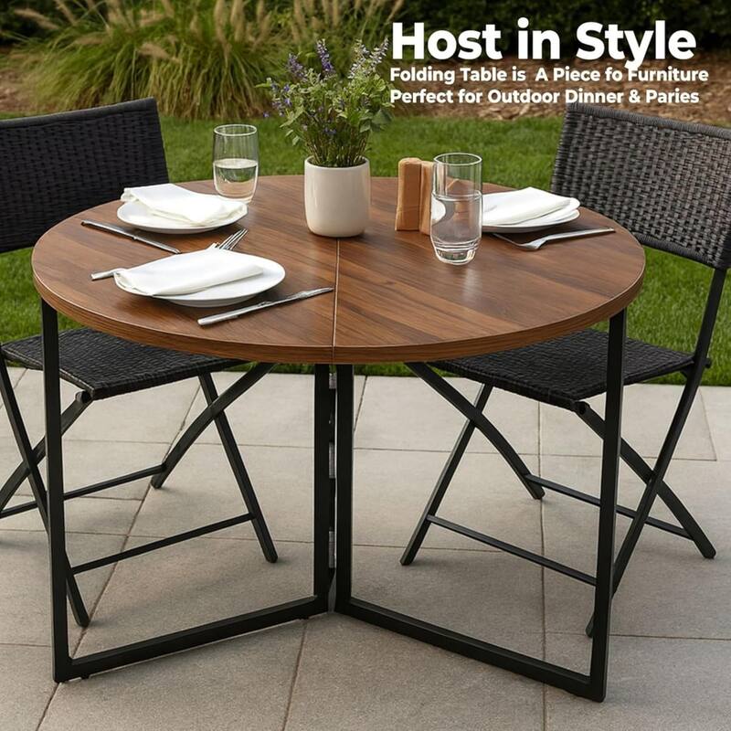 Walnut Foldable Round Trifold Table 35" Space-Saving Multi-Use
