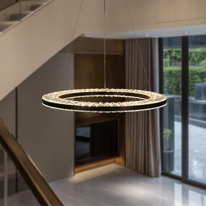 Modern 1-Light LED Black Crystal Chandelier for Dining Room - Dia. 23.6" x H 1.4"