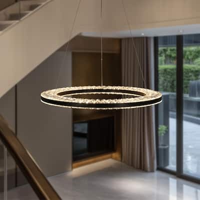 Modern 1-Light LED Black Crystal Chandelier for Dining Room - Dia. 23.6" x H 1.4"