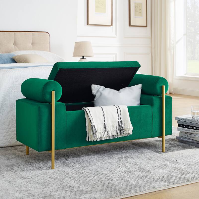 Upholstered Storage Bench with Cylindrical Arms and Iron Legs
