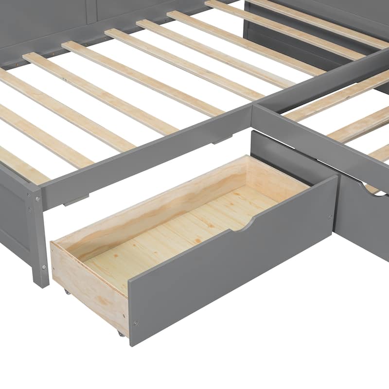 Wood Twin Size L-shaped Platform Bed with Trundle, Charging Station and Storage Shelves