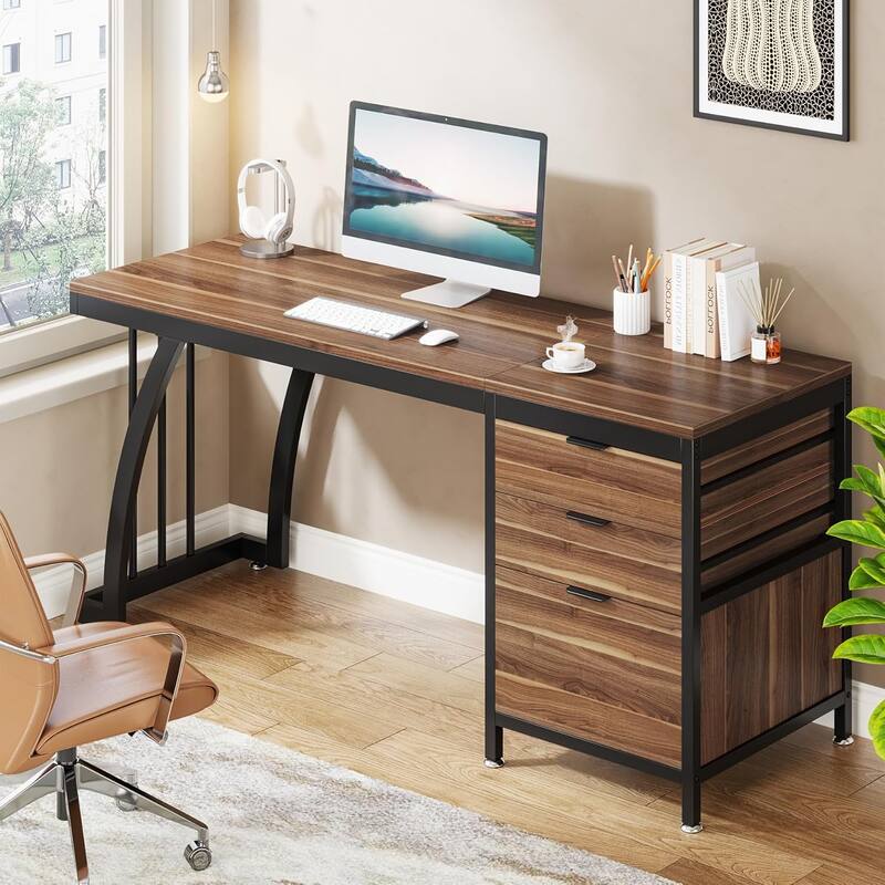Computer Desk with 3 Drawers, 59" PC Desk Study Writing Table Workstation, Reversible File Storage for Home Office - Walnut