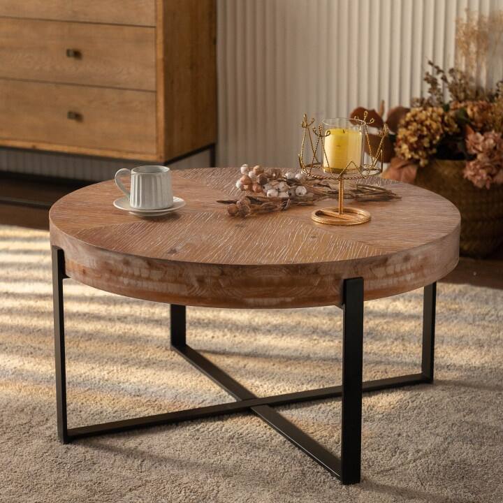 Modern Retro Splicing Round Coffee Table with Cross Legs - Natural and Black