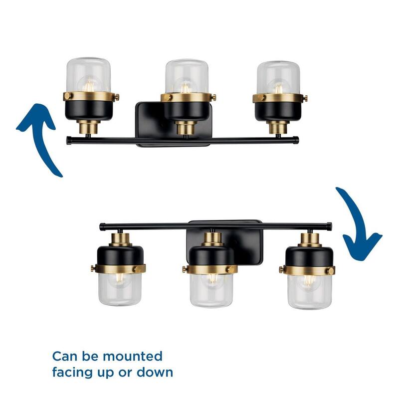 Beckner Collection Three-Light Matte Black Clear Glass Urban Industrial Bath Light with Vintage Brass Accents
