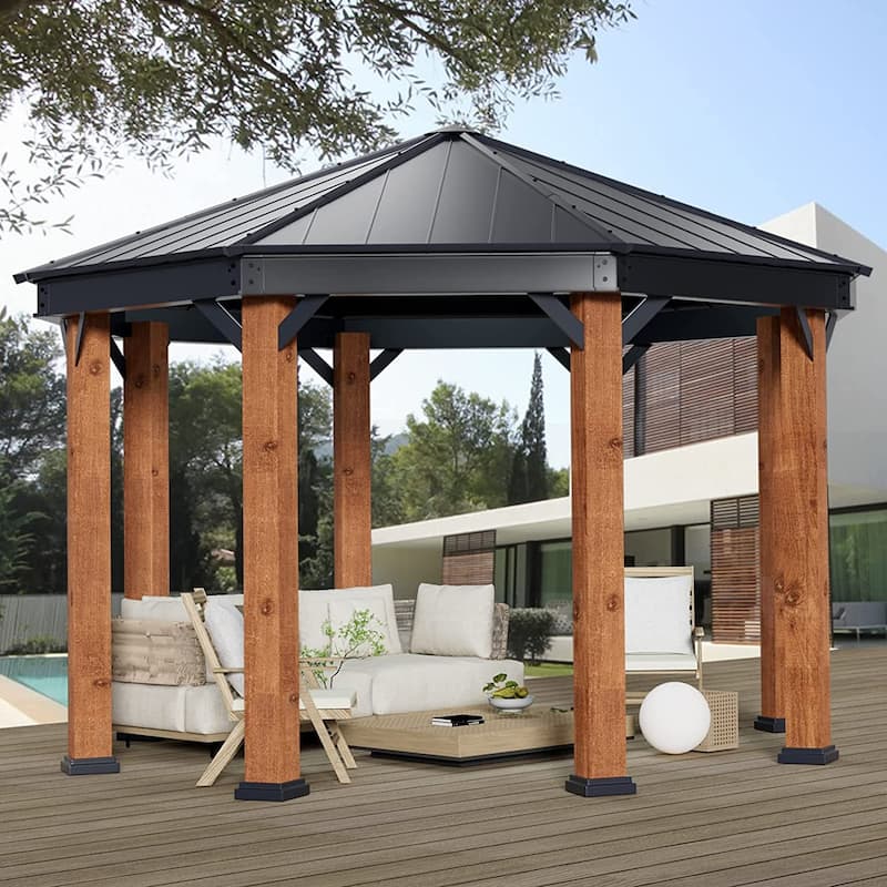 Outdoor Galvanized Steel Roof Gazebo Pergola w Wooden Coated Alumninum Frame, Privacy Curtains and Nettings Include