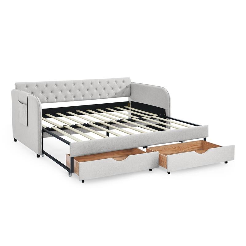 Roomfitters Twin Upholstered Daybed with Trundle, Underbed Storage and Flat Arms with Side Pocket, Extendable Design