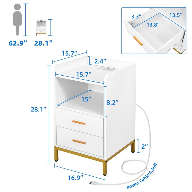Moasis Modern LED Nightstand Set of 2 with Drawer and Storage Shelf, Bedside Table with Charging Station