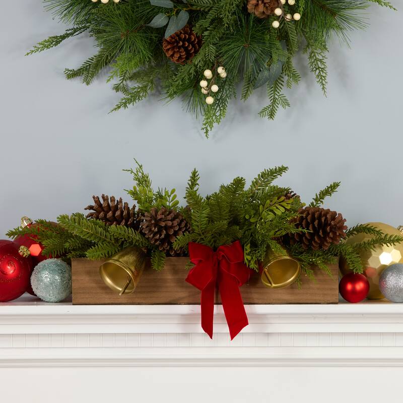 National Tree Company 27 in. Artificial Christmas Bells Centerpiece with Pinecones, Red Bow, and Bells - 27 in