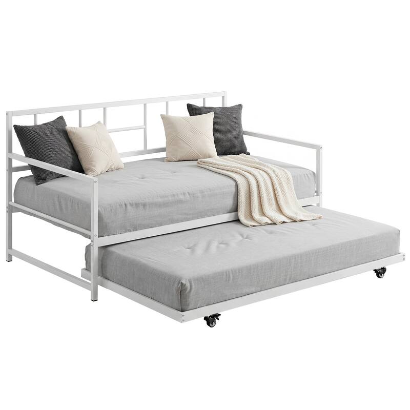 Moasis Twin Daybed with Pull Out Trundle, Metal Trundle Bed - White - Twin