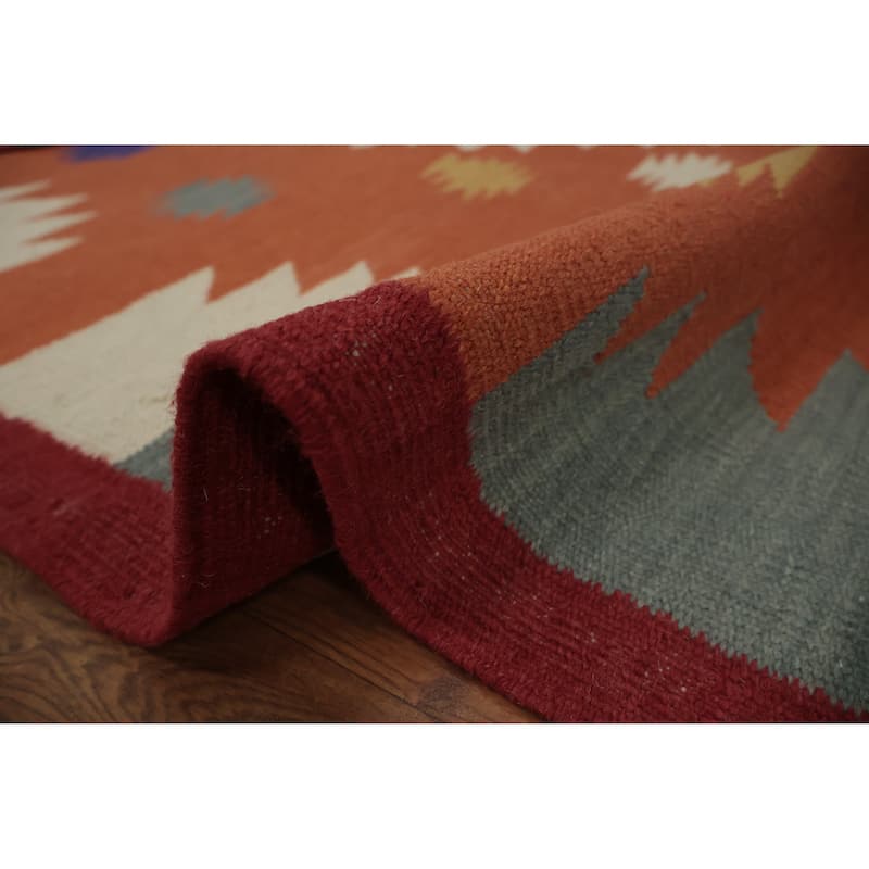 Hand Woven Oriental 100% Wool Carpet Southwestern Tribal Oranges & Rust Kilim Area Rug - 9' 8'' X 7' 11''