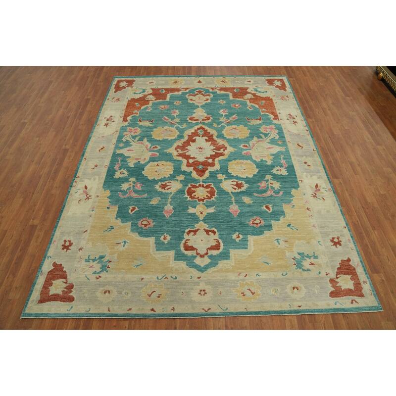 Vegetable Dye Wool Oushak Turkish Area Rug, Floral Geometric Carpet - 10' 11'' X 8' 5''