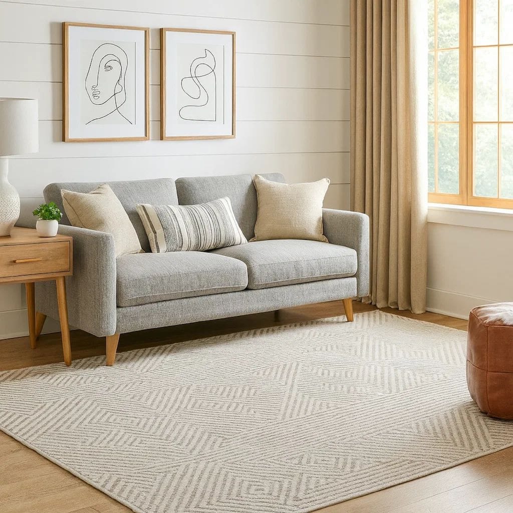 Glam 8 x 10 Area Rug, Geometric Pattern, Tufted Gray White Polyester, Wool - 8 x 10