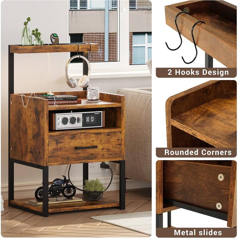 Nightstand with 1 Drawer Shelf USB Ports End Side Table
