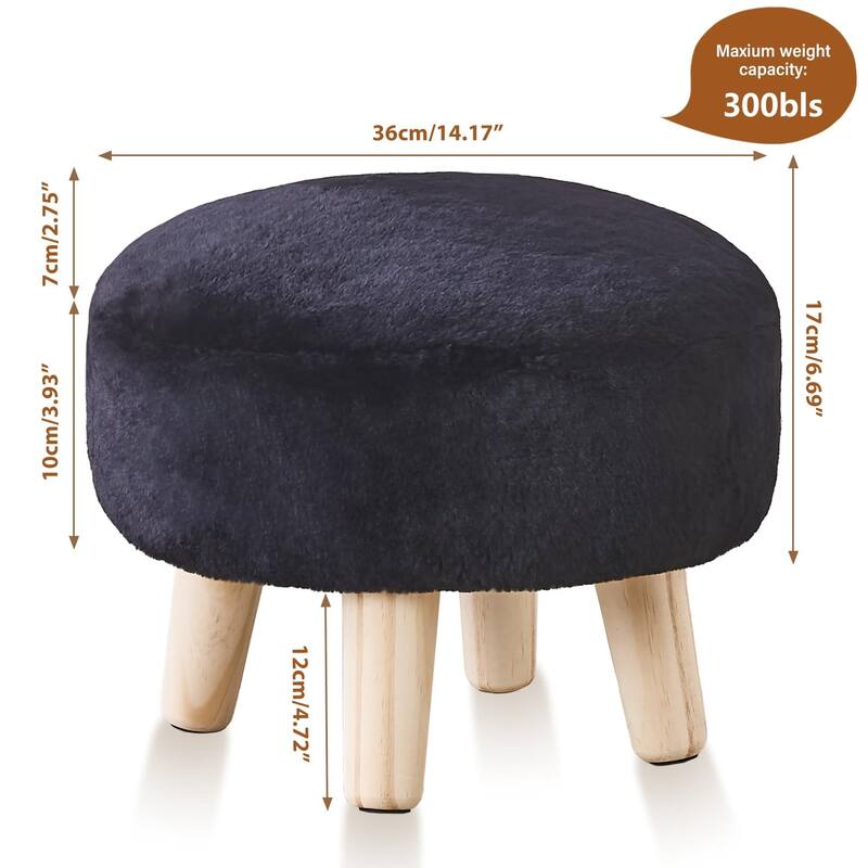 Plush Faux Fleece Round Ottoman Footstool with Wooden Legs and Cozy Seat for Living Room