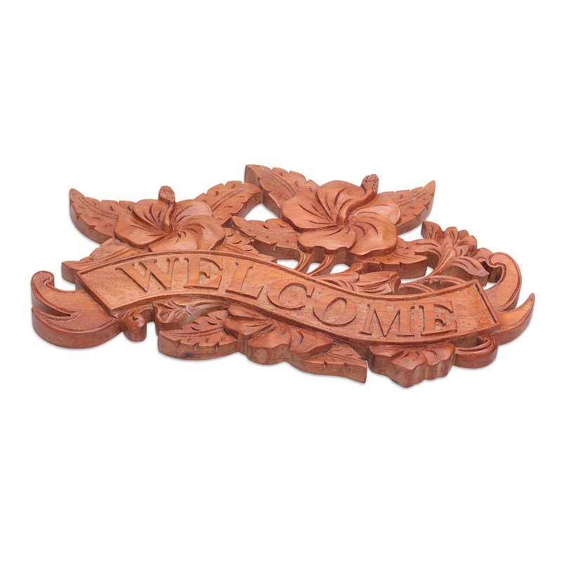 Novica Handmade Hibiscus Welcome Wood Wall Sign