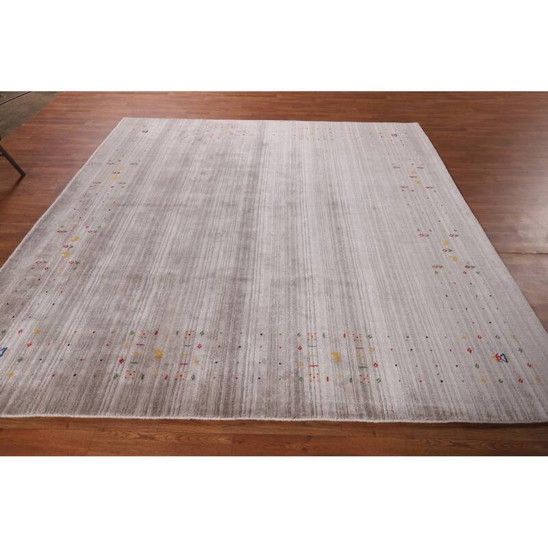 Striped Gabbeh Oriental Square Area Rug Handmade Silk Carpet - 7'11" x 7'9"