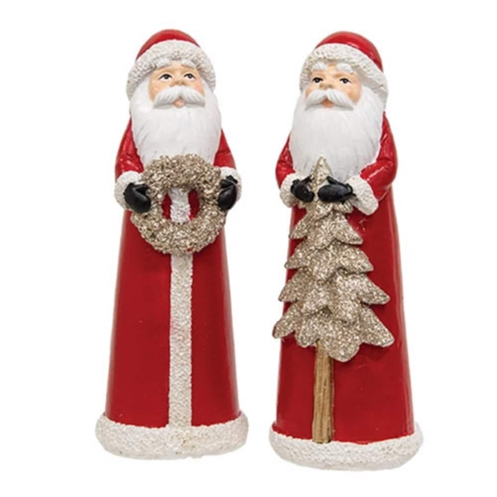 Winter Holiday Resin Santa Figures with Glitter Tree and Wreath Small Freestanding Decorations 2 Asstd.