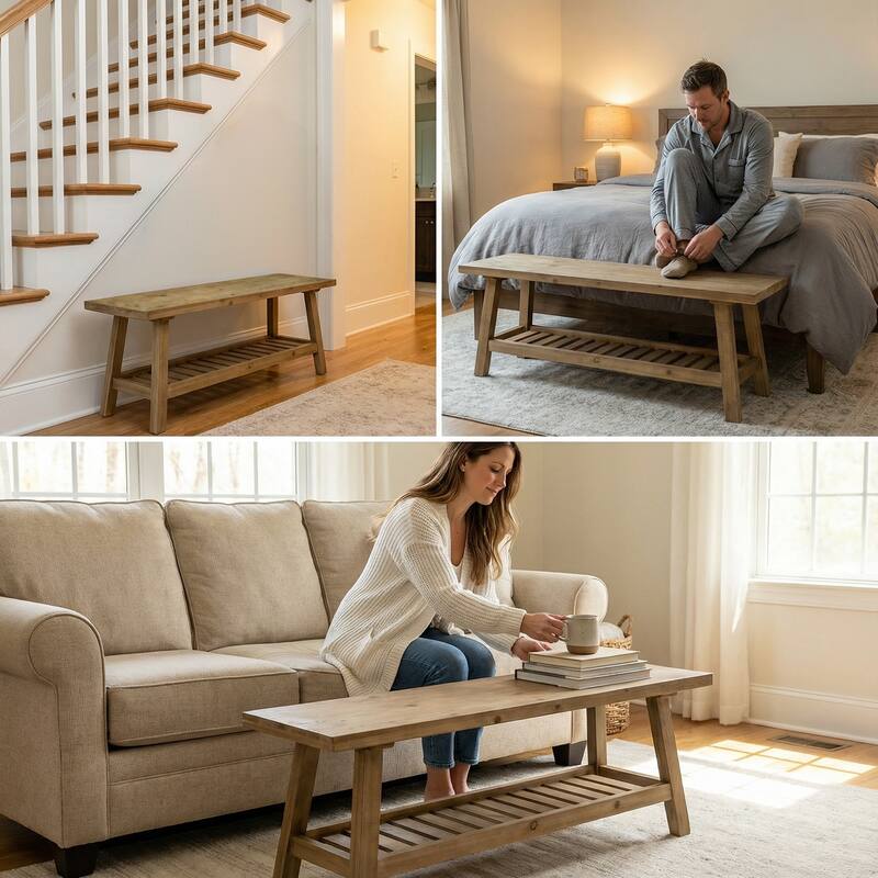 43" Farmhouse Wood Bench, 2-Tier Entryway Bench, Narrow Rustic Storage Bench with Open Storage Shelf for Entryway, Hallway