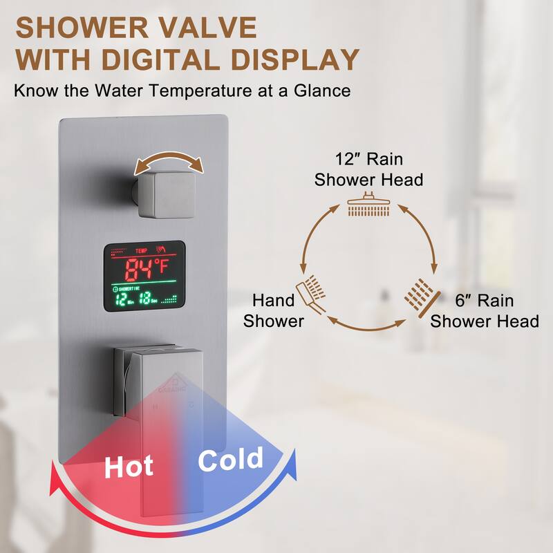 CASAINC Dual Heads 12 Inch Ceiling Mounted Square Shower Head Shower System with Handheld Shower Digital Display Shower