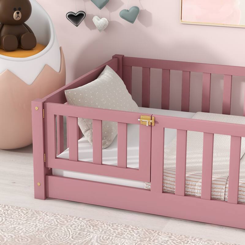 Twin Size Wood Floor Platform Bed with Fence and Door for kids