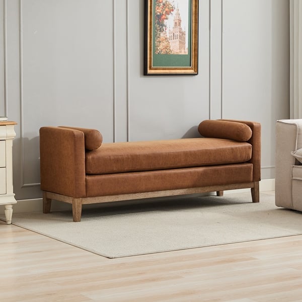 slide 2 of 44, 66.34"W Elegant Upholstered Bench, Daybed, Ottoman with Wood Legs & 2 Bolster Pillows for End of Bed, Bedroom, Living Room Brown
