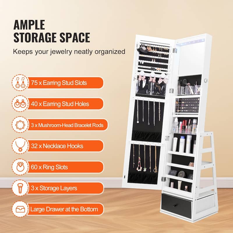 3-in-1 Functionality Freestanding Rotating Jewelry Mirror with Lockable Storage and Ample Ring Slots - 15.35 x 14.4 x 63 in