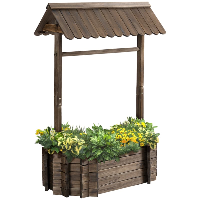 Outsunny Wooden Wishing Well Garden Bed, Rustic Outdoor Flower Planter Patio Ornamental for Plants/Herb/Vegetables, Rustic Brown