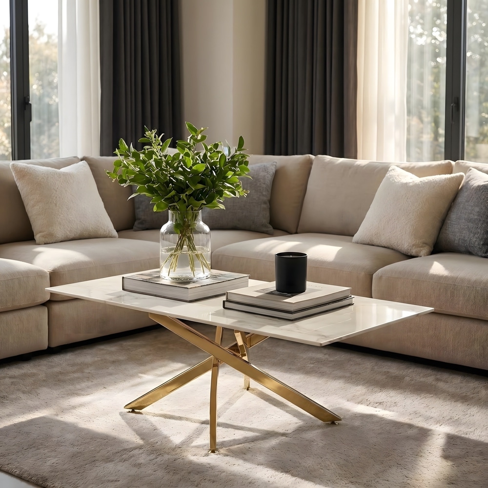 Faux Marble Gold Coffee Table - Tempered Glass Top Rectangle Center Table