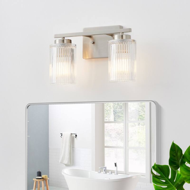 KAWOTI 8.6"H Contemporary Bathroom Vanity Light with Flutted Glass - Nickel-2Lights