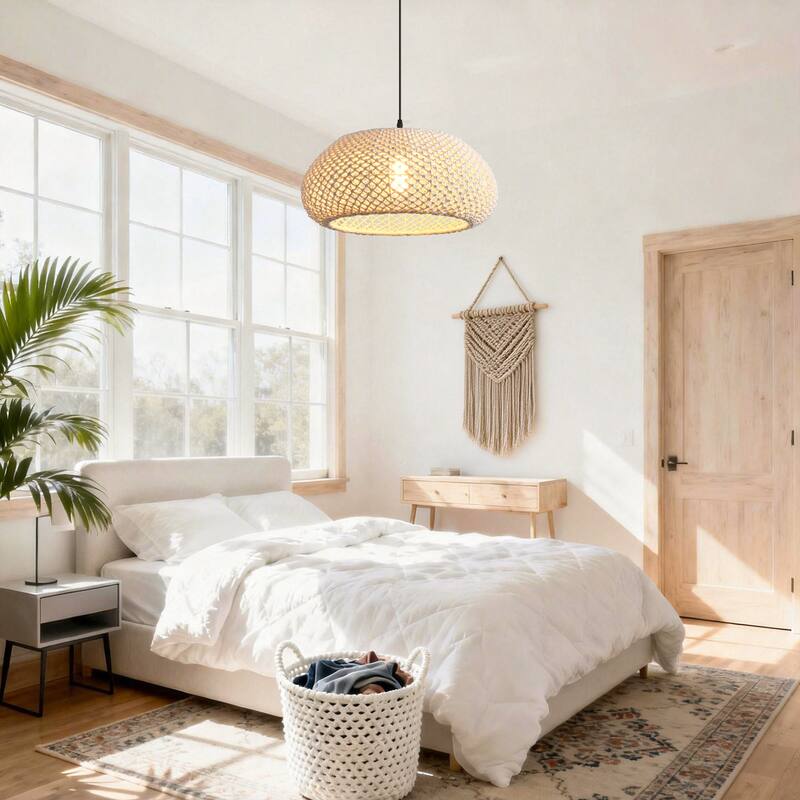 1-Light Rustic Beige Hand-Woven Cotton Hanging Basket Pendant Light - 18.8" W x 55" H