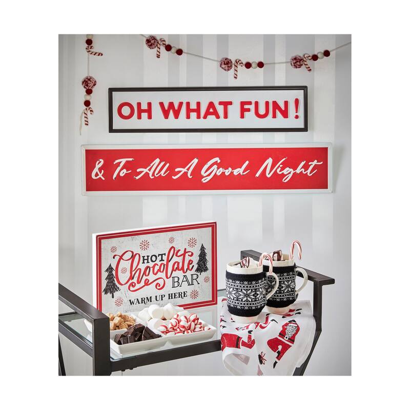 Oh What Fun Enamel Sign Freestanding Tabletop Wall Art Christmas Red Metal 5x24 Indoor Use Wipe Clean